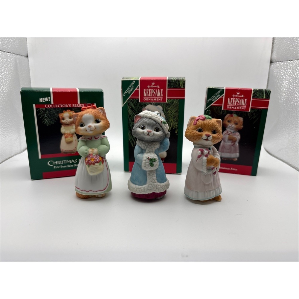 3 Hallmark Keepsake Ornaments CHRISTMAS KITTY Porcelain 1989-91 All 3 In Series
